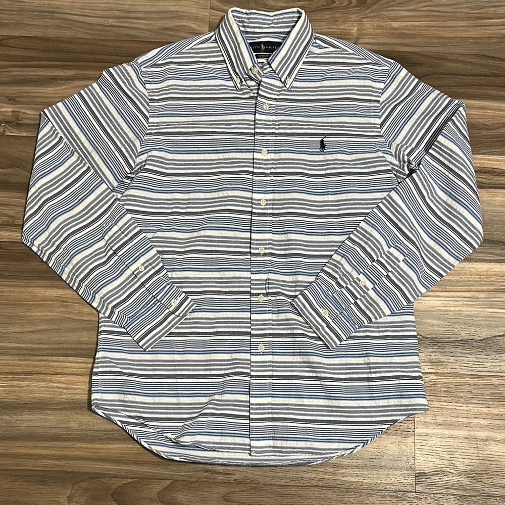 Ralph Lauren Shirt Men’s Medium White Blue Striped Seersucker Classic Preppy